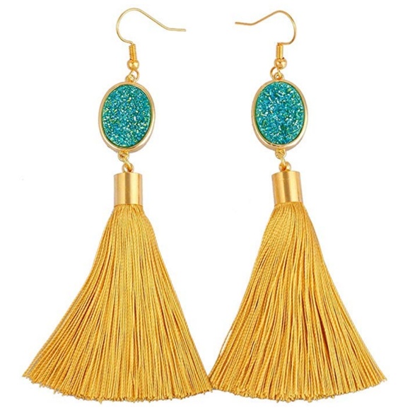Jewelry - NEW! Druzy Tassel Fringe Boho Earring Gold Teal